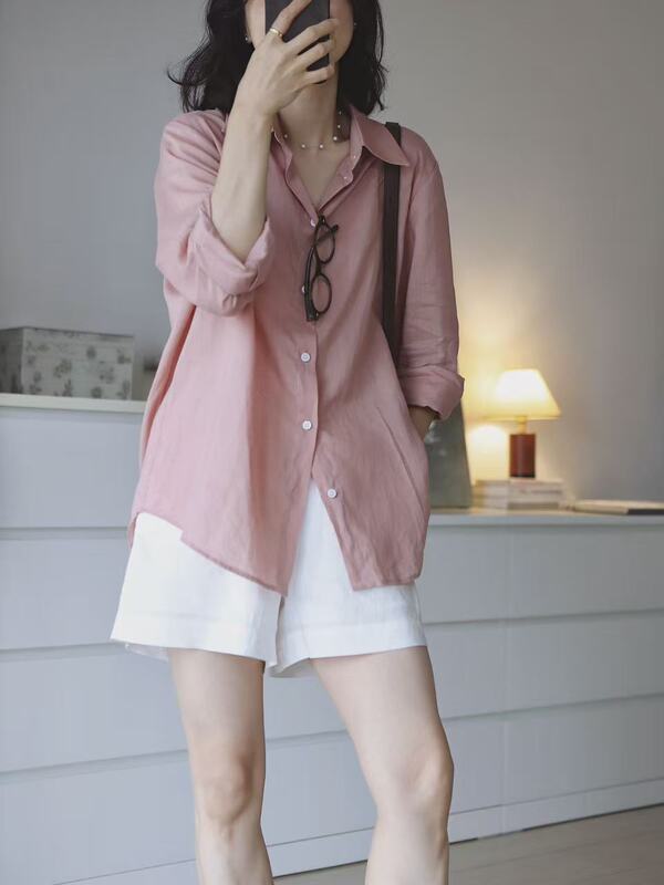 (Monday Evening at 8Pm) Bean Paste Pink and Orange Ramie Blend Shirt