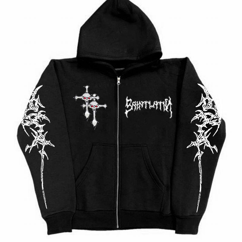 2025 New European and American Style Skull and Crossbones Print Dark Cardigan Sweatshirt American Y2K Hoodie Jacket for Men