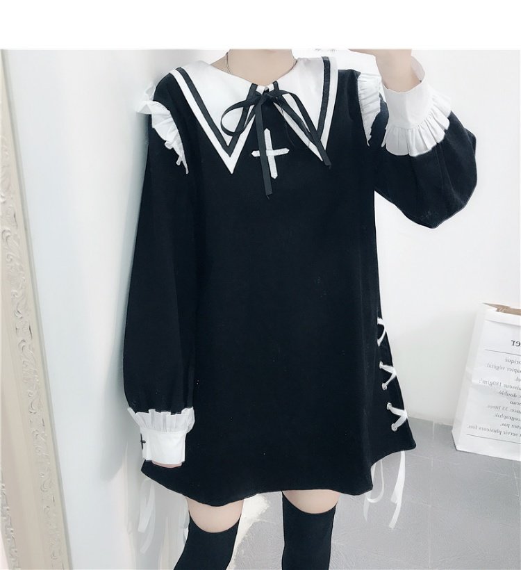 Nhật nhỏ ngọt ngào thắt nơ xinh xắn dễ thương mùa thu mới gái dài tay Một váy chữ nữ váy chữ a liền công sở