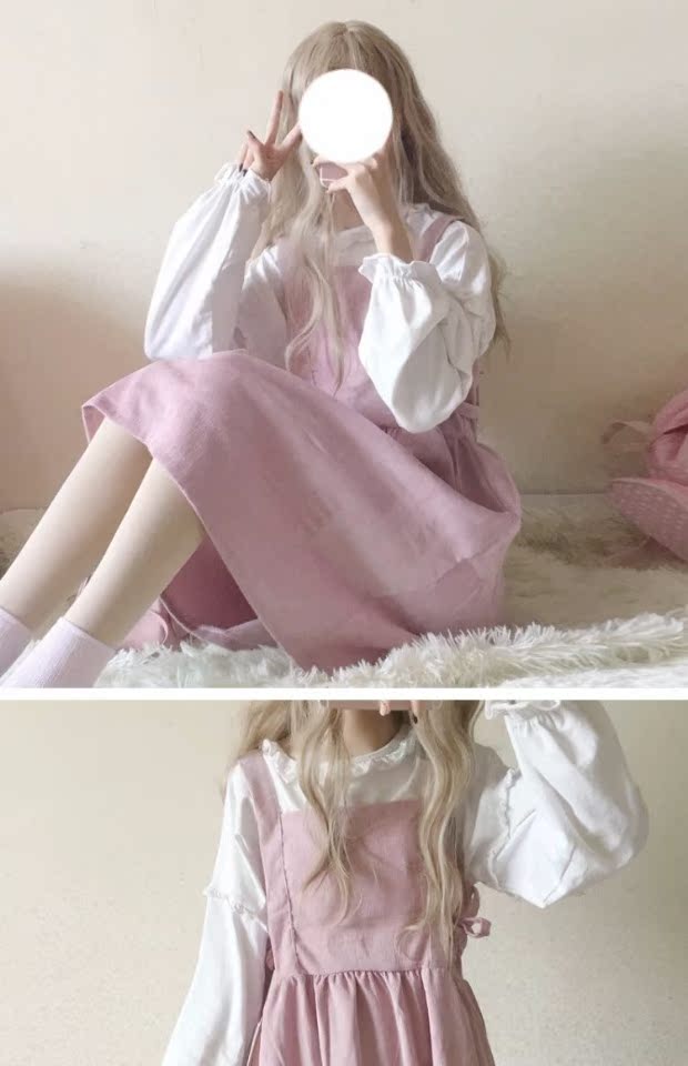 Cô gái Nhật Bản mùa thu mới bow tie dây đeo nhung kẻ váy lỏng bên ngoài mặc dây đeo váy chân váy jean