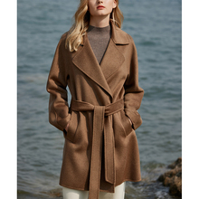 Riz coffee color high-end brand Hepburn style double-sided pure cashmere coat, small and medium length brand temperament coat