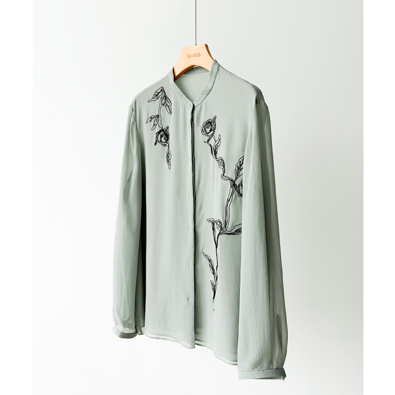 Luxury! Heavyweight Imported 19mm Mulberry Silk Georgette! Double-Layer Silk Floral Embroidery Long-Sleeve Shirt for Spring and Summer Luxury! Heavyweight Imported 19mm Mulberry Silk Georgette! Double-Layer Silk Floral Embroidery Long-Sleeve Shirt for Spring and Summer