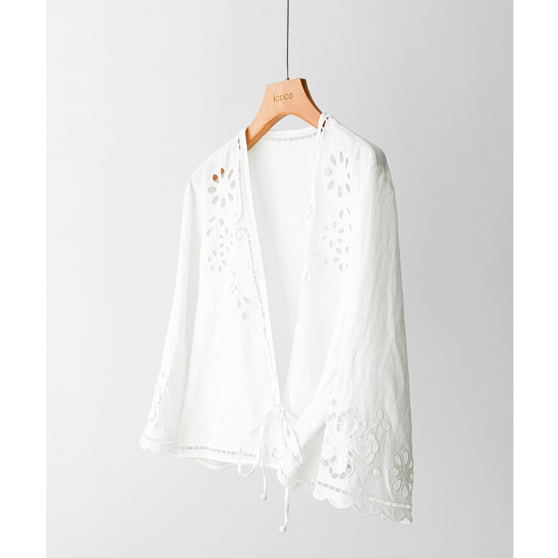 E Collaboration Model Uses the Same Material! Hollow Natural Linen! Irregular Heavy-Duty Hollow Embroidery Lace-Up Shirt for Spring and Summer