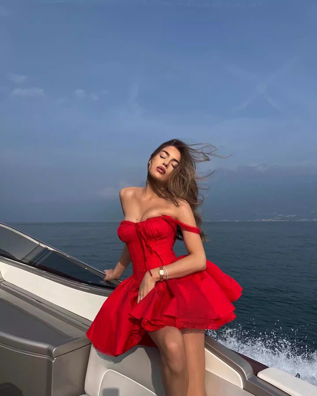 Dana French Retro Pure and Sexy Red Lace Strap Fishbone Christmas Birthday Tutu Dress