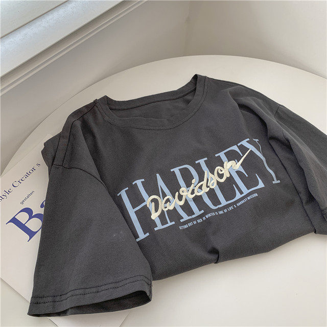 Embroidered printed letters dark gray short-sleeved T-shirt for women heavy industry blue embroidered round neck loose pullover top summer
