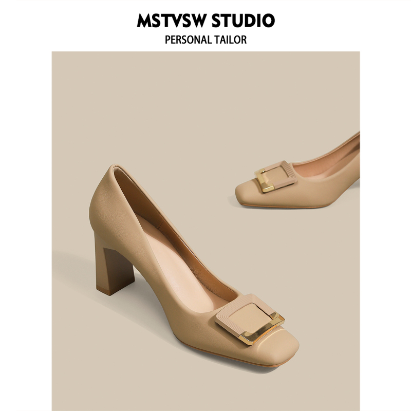 Yaguan Nude-Colored Square Buckle Chunky Heel High Heels for Women, Comfortable and Not Tiring, 2026 New Versatile Square Toe Mid-Heel Shallow Single Shoes Yaguan Nude-Colored Square Buckle Chunky Heel High Heels for Women, Comfortable and Not Tiring, 2026 New Versatile Square Toe Mid-Heel Shallow Single Shoes