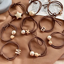 Japanese Retro Exquisite Pearl Hair Rope Hairband Cute Letter Pendant Headstring Metal Color Leather Band Korean Hair Accessories