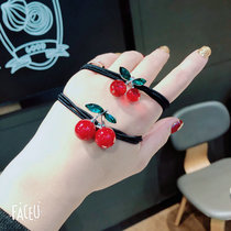 South Korea pamtail ball head big red cherry Hairband rhinestone New Year lucky red cherry leather band head rope