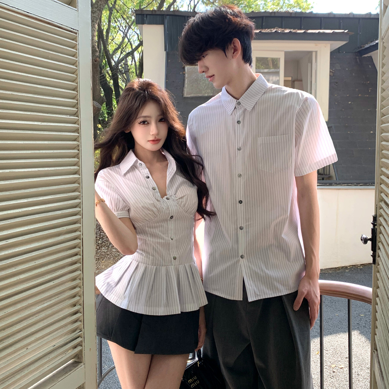 Niche Design Couple's Summer Outfit 2026 New Striped Shirt V-Neck Waist-Tie Shirt Two-Piece Set for Women
