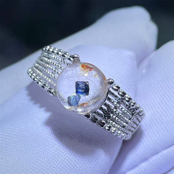 Natural crystal full inclusion sapphire anatase mineral bare stone silver inlaid ring with adjustable ring ring jewelry gift