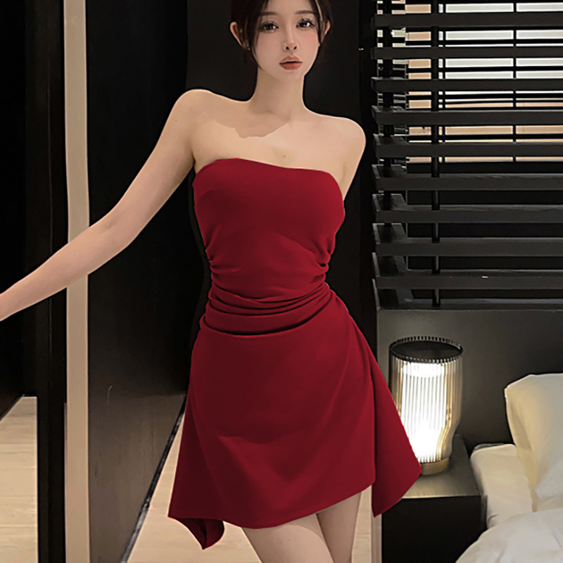 French Sexy Tube Top Dress for Women, Summer Short Skirt, Retro High-End Sexy Slim Fit A-Line Asymmetrical Skirt