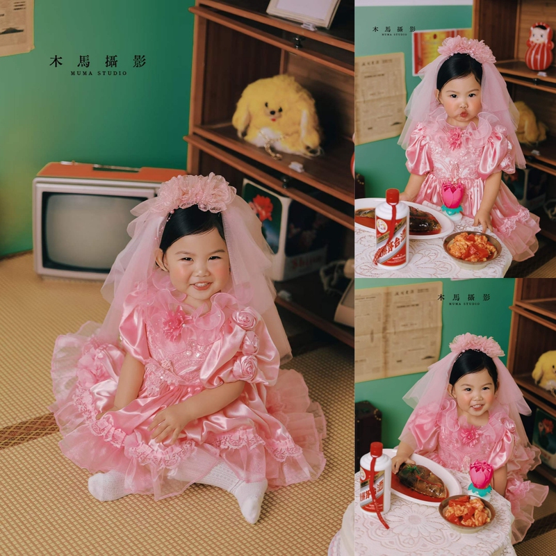 Retro Girl's 1980S Pink Memories Retro Wedding Dress Princess Dress Pink Sweet Nostalgic Vintage Photography Clothing
