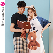 Fenteng (sleeping cotton series) Brown bear couple sleeping dress woman sleeping dress pure cotton short sleeve home conserved mens suit