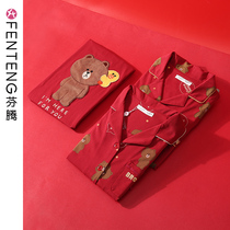 Fenteng Spring and Autumn Brown Bear couple pajamas for men and women long sleeve cotton big red this year newlywed home suit suit