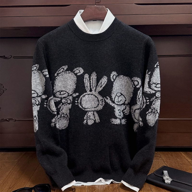 Trendy Cartoon Pattern Men's Sweater for Young Students 2025 New Men's Round Neck Cashmere Sweater Loose Thickened Warm