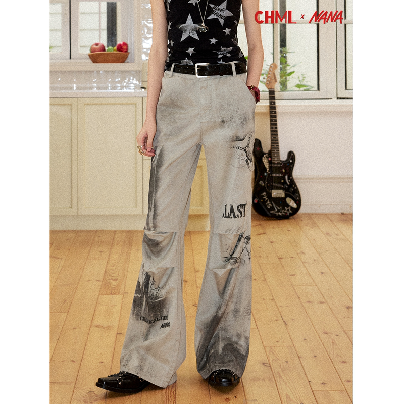 Chemical Girl × Nana Collaboration H4 Vintage Distressed Patchwork Print Gray-White High-Waisted Flared Casual Pants Chemical Girl × Nana Collaboration H4 Vintage Distressed Patchwork Print Gray-White High-Waisted Flared Casual Pants