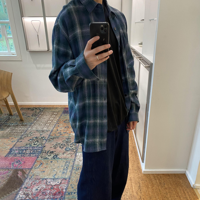 Aural Style Nissan Forestland Wool Blend Plaid Shirt Casual Loose Fit Long-Sleeve Shirt for Men and Women