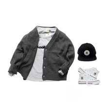 2022 Spring and autumn Childrens sweater girl knitted cardiovert boy Korean version dark grey pure cotton baby sweater jacket