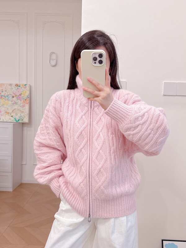 26 Autumn/Winter High-Weight Stand-Up Collar Thick Light Pink Cable Knit Heavy Cashmere Gentle Temperament Sweater Cardigan