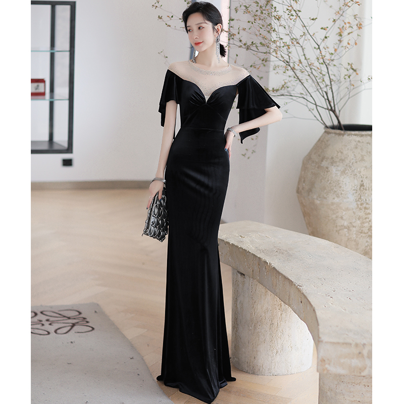 Annual Meeting Evening Dress for Women 2025 New Style Elegant High-End Banquet Black Fishtail Velvet Long Dress Dignified Hostess