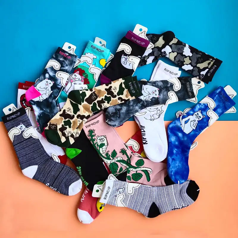 Ripndip Funny Cat Mid-Calf Socks European and American Style Street Style Pure Cotton Casual Versatile Sports Socks