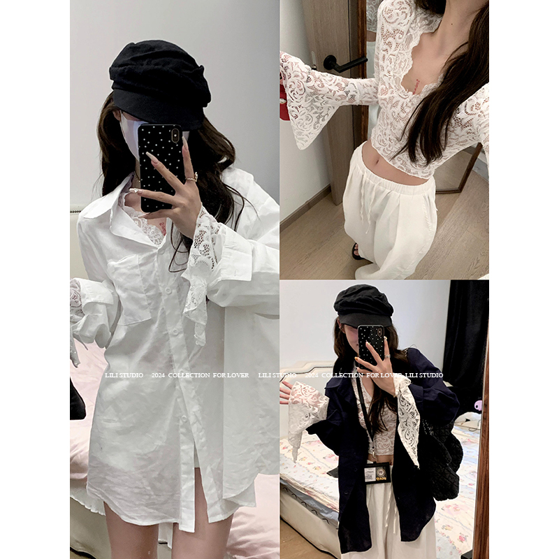 Miss Lili Early Spring White Cotton and Linen Loose Lace Unique Shirt Long-Sleeved Real Two-Piece Set Jacket for Women