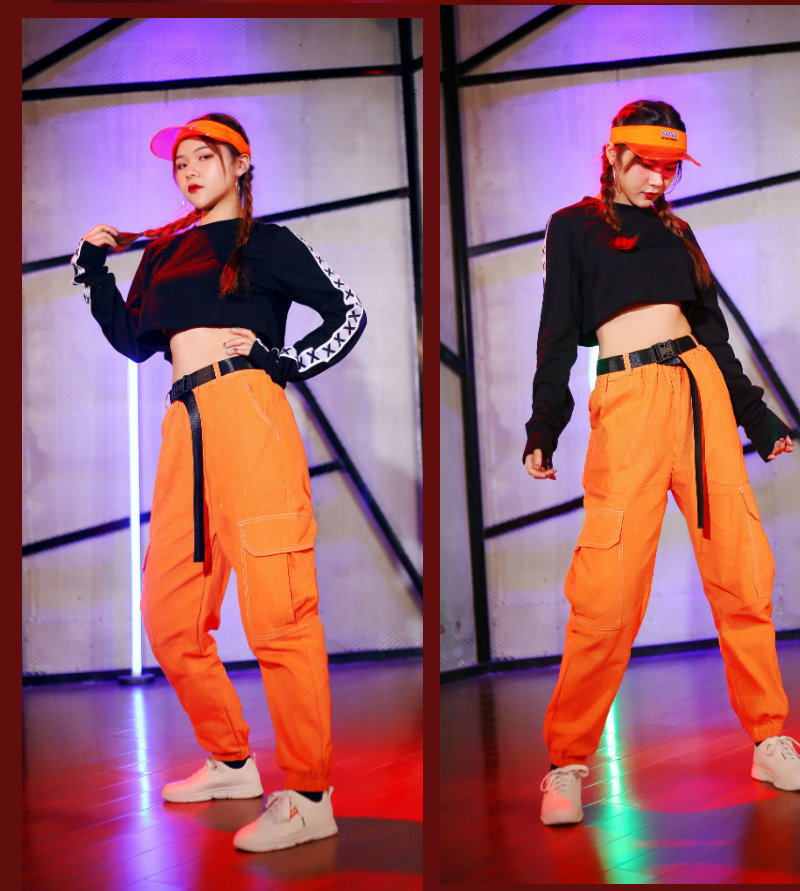 hiphop橙色工装裤女爵士舞服装jazz跳舞衣服嘻哈街舞女团演出服薄-阿里巴巴