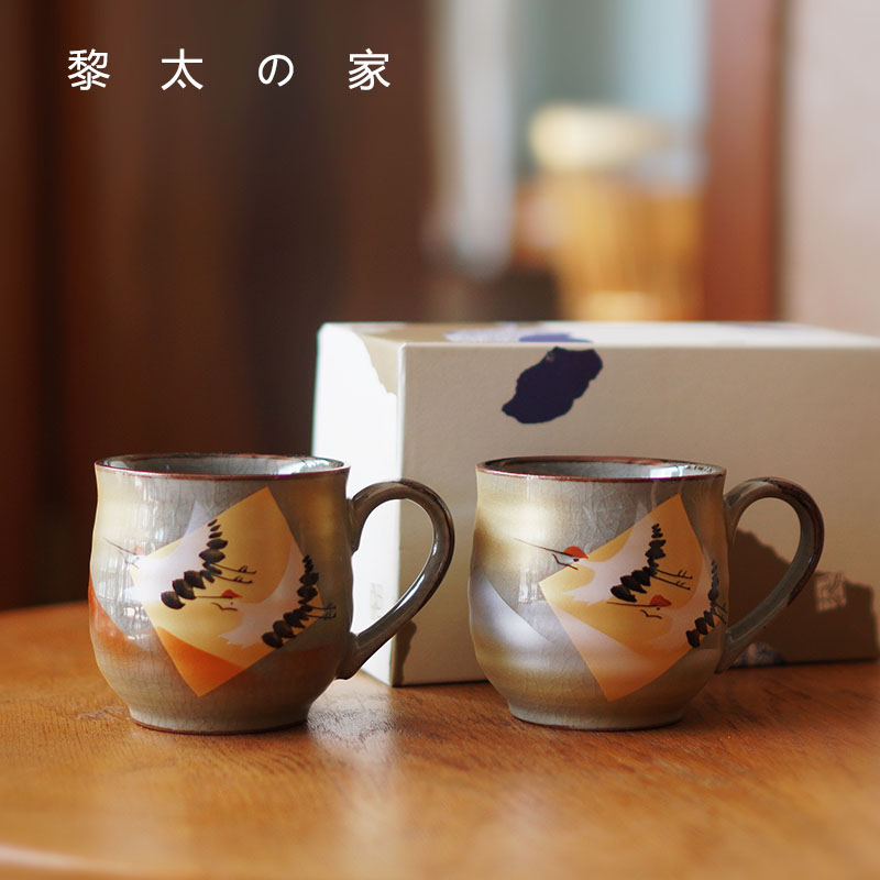 Li Tai's home Japan imported Kutani burnt gold foil crane couple pair cup hand-painted retro clay mug gift box