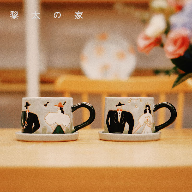 Li Tai's house, hand-made by rice, let's get married, original coffee cup and saucer set couple pair cup ceramic cup