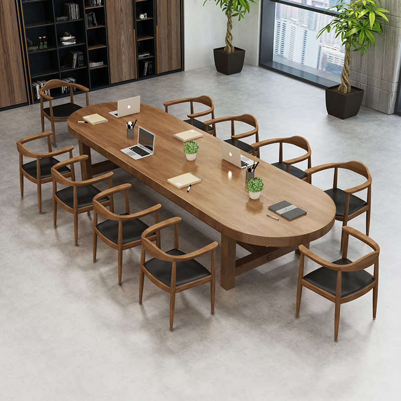 Industrial Wind Oval Meeting Table Solid Wood Negotiating Table Strip Training Table Chairs Combined American Bench Meeting Table