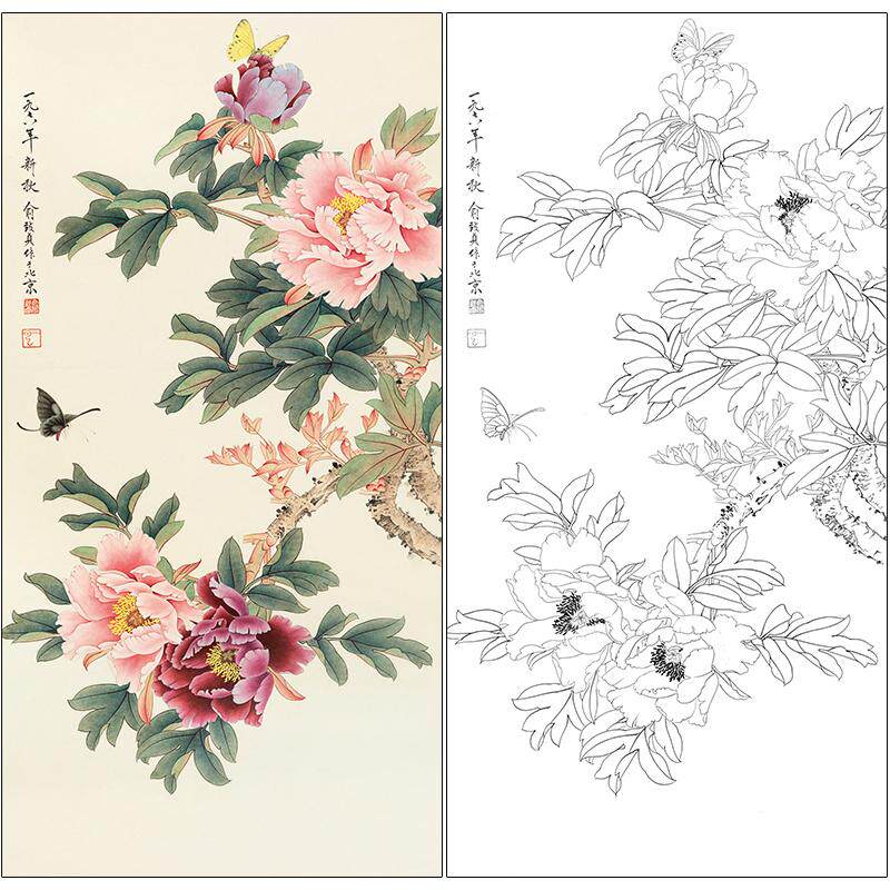 俞致贞花鸟工笔画白描底稿《蝶恋花》牡丹临摹勾线高清打印稿ZZ10-淘宝网