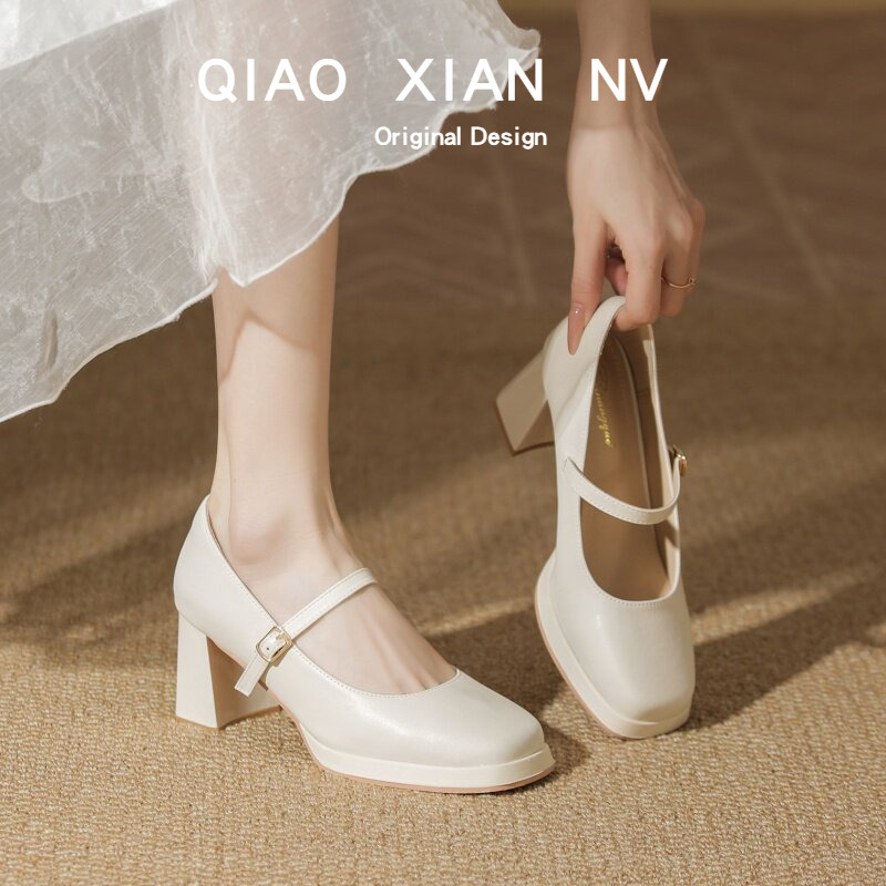 Super Soft~ White Leather Shoes with Cheongsam, Mary Jane High Heels with Buckle, Wedding Shoes, Chunky Heel, Bridesmaid Shoes, Comfortable for Feet