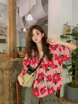 Japan sly new summer casual seaside vacation thin floral shirt womens retro shirt short-sleeved top