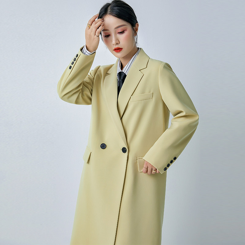 Lemon yellow temperament with long version of the wind clothes women 2021 pop spring autumn new Korean version loose and thin coat jacket
