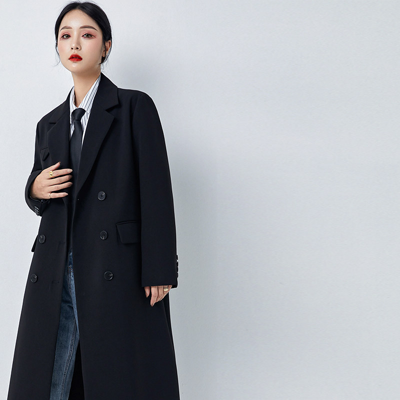Black suit collar style woman 2021 spring autumn new year's popular Korean version loose coat with long version coat