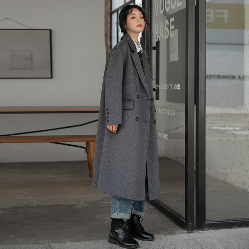 Dark grey advanced senses double face cashmere big coat woman 2021 new autumn and winter long version Korean version loose wool coat