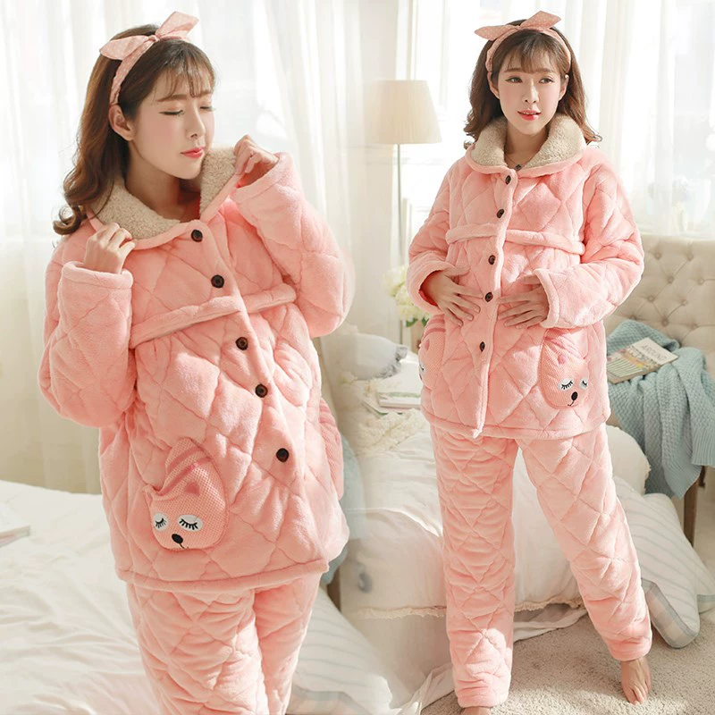 Bộ đồ ngủ của bà bầu mùa đông dày dặn cộng với nhung ba lớp cộng với bông để tăng dịch vụ tại nhà san hô nhung mang thai cho con bú quần áo mùa đông - Giải trí mặc / Mum mặc