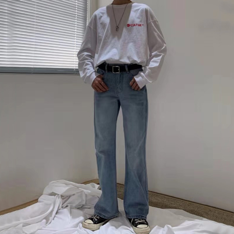 80S Hong Kong Style Retro Versatile Slim-Fit Solid Color Jeans for Men, Loose Flared Wide-Leg Trendy