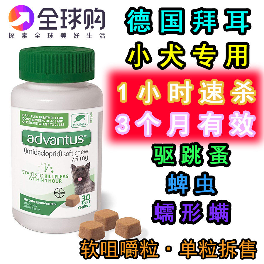 German Bayer Adantus small dog used to drive flea ticks creep mites 1 hour speed kill 3 months effective 1 grain
