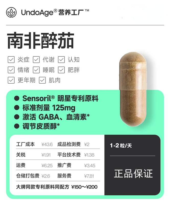 Undoage Nutrition Factory Ashwagandha Standard Dose 125Mg Activates Gaba, Serotonin, and Cortisol