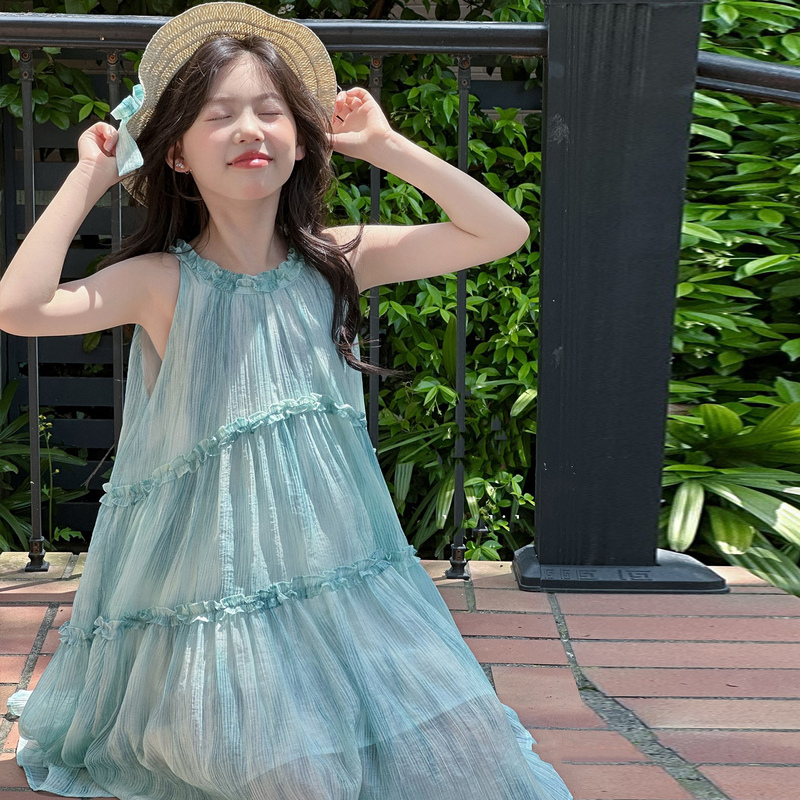 Girls' Summer Dress 2026 New Style for Older Children, Thin Sleeveless Beach Dress, Korean Style Patchwork Tank Dress, Cool Feeling Girls' Summer Dress 2026 New Style for Older Children, Thin Sleeveless Beach Dress, Korean Style Patchwork Tank Dress, Cool Feeling