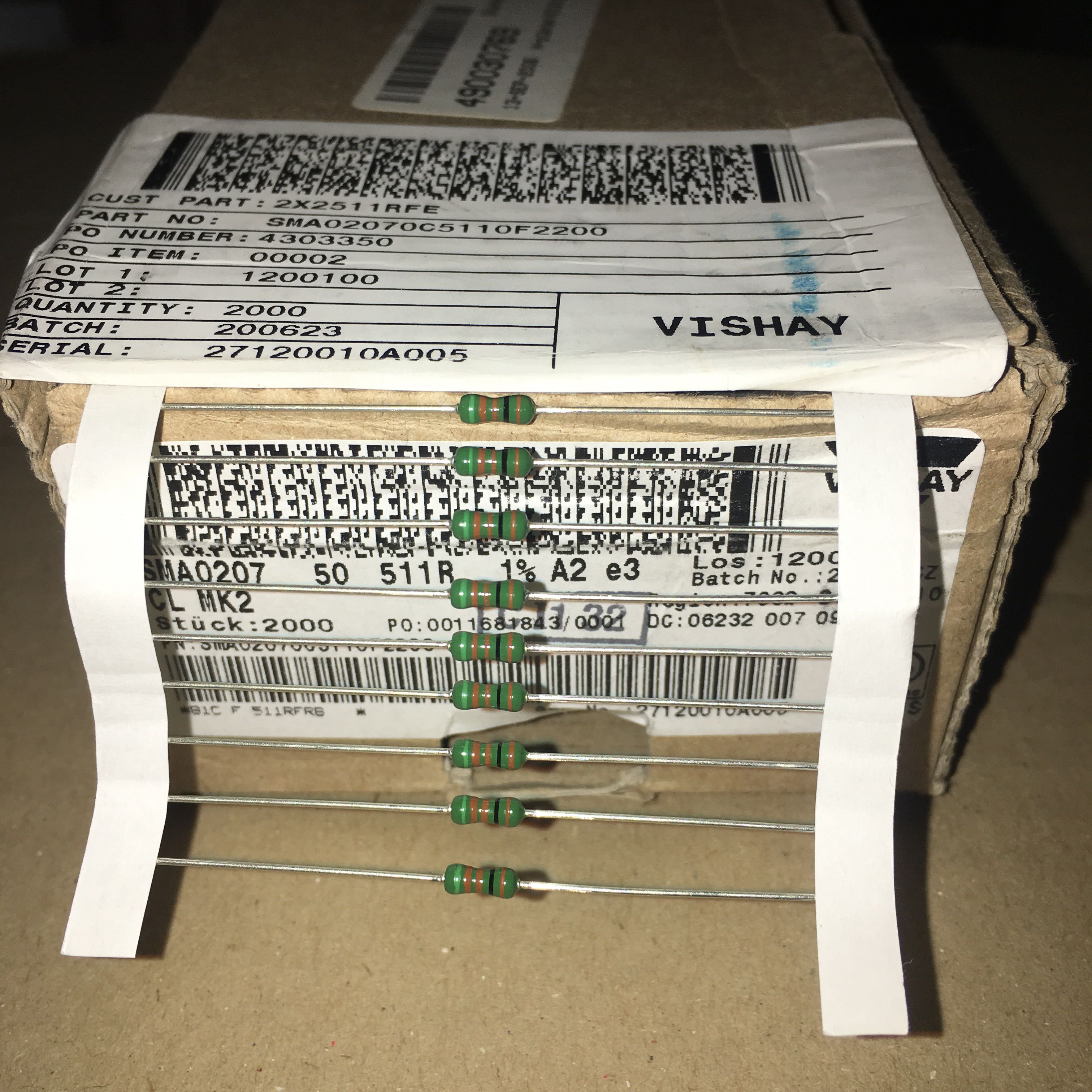 10 3 yuan VISHAY 511R 1% generation 510R 0207 fever resistance 0 5W power 0 25W volume