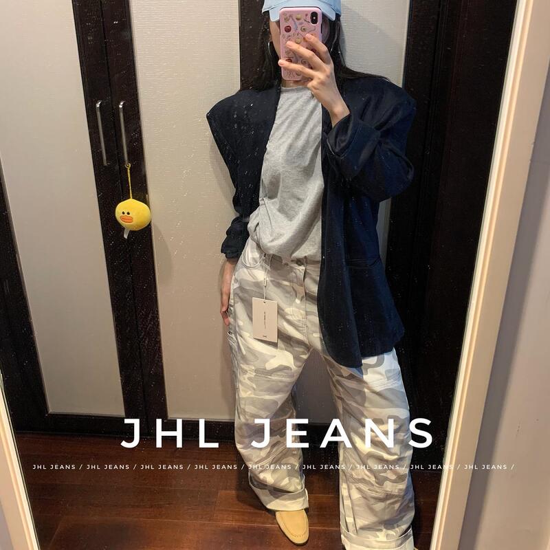 Jhl Jeans Heavy-Duty White Camouflage Cargo Wide-Leg Pants for Men and Women