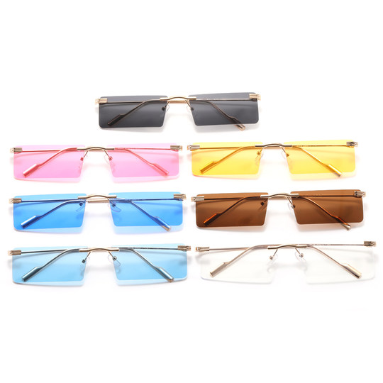 Hip-Hop Rimless Tinted Sunglasses for Women, High-End ins Blue Narrow-Frame Small Face Sunglasses, Trendy Brand for Men