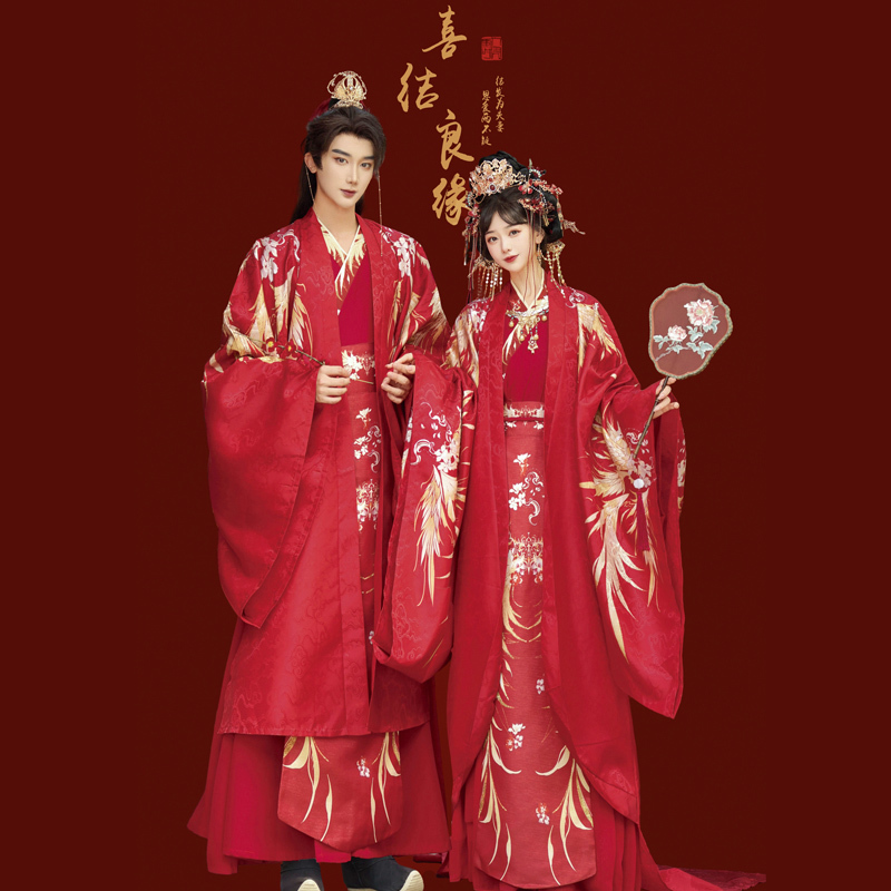 Tang Dynasty Hanfu Wedding Dress for Bride, Chinese-Style Wedding Gown, Phoenix Crown, Full Set of Long-Sleeved Ancient Costume, Groom's Attire