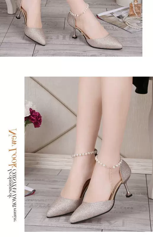 Mùa xuân và hè 2018 phiên bản mới của Hàn Quốc của giày cao gót mũi nhọn đế xuồng rỗng có khóa với giày cao gót