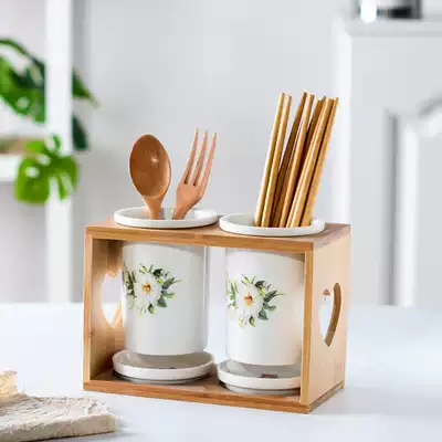 Ceramic chopstick holder Household drain tube Korean double-barrel chopstick box Kitchen chopstick rack Large capacity