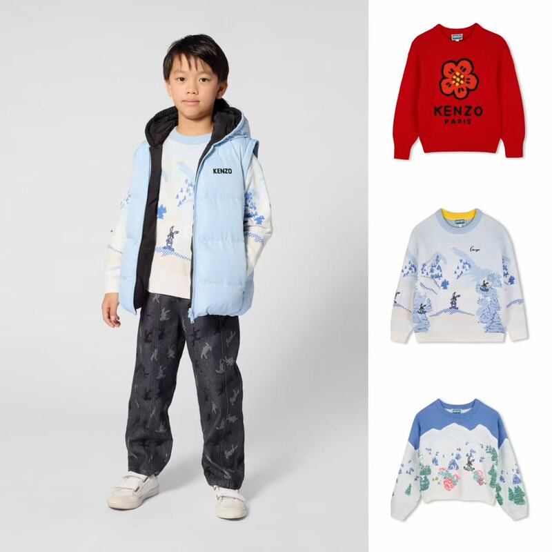 In-Stock Kenzo Children's Clothing 26 Autumn/Winter Tiger Head Logo Sweater Jacquard Long-Sleeve Round-Neck Warm Knitwear In-Stock Kenzo Children's Clothing 26 Autumn/Winter Tiger Head Logo Sweater Jacquard Long-Sleeve Round-Neck Warm Knitwear