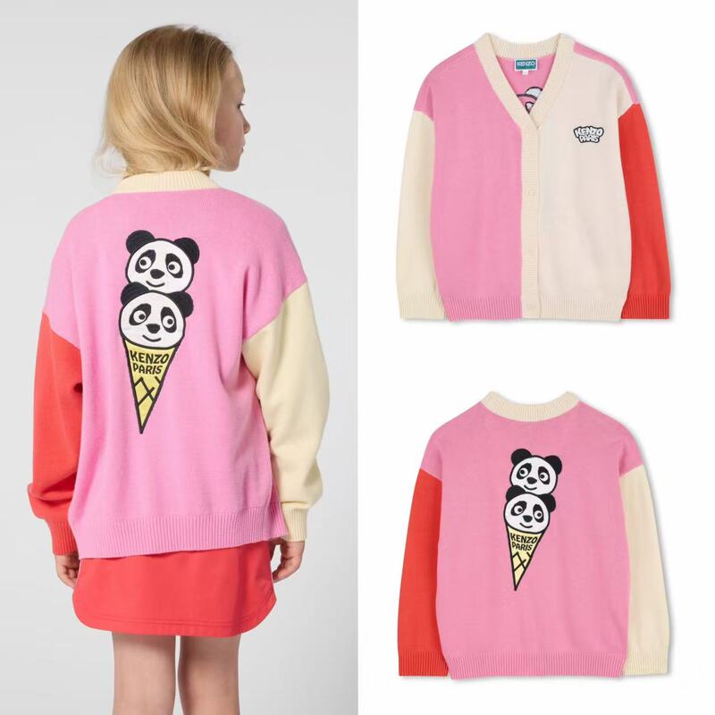 In-Stock Kenzo Children's Clothing 26 Spring/Summer Children's Knitted Sweater Cardigan for Girls with Panda Patchwork In-Stock Kenzo Children's Clothing 26 Spring/Summer Children's Knitted Sweater Cardigan for Girls with Panda Patchwork