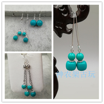 Natural turquoise earrings 925 silver ear hook wild original handmade retro personality hand-made stud earrings ball drop earrings